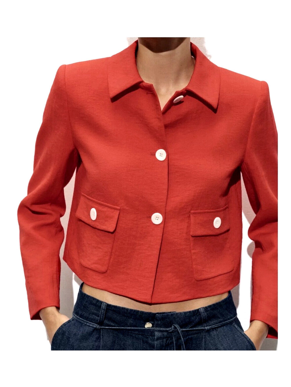 ZARA Red Cropped Jacket Button Front Textured Boxy Shoulder Pads Blazer